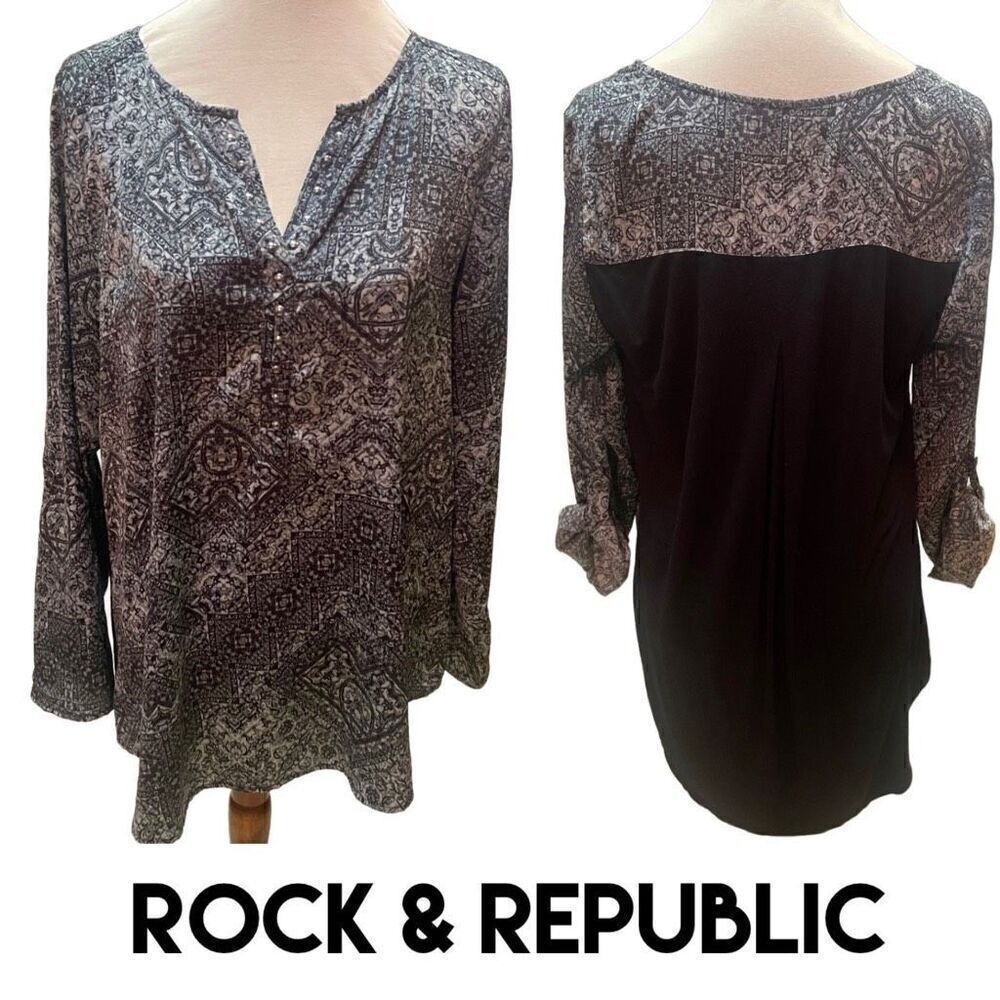Rock & Republic Gray & Black Long Sleeve Geometric Design High/Low V-Neck Tunic/